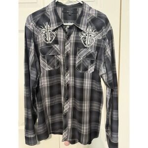 CJ Black Button-Up Shirt Plaid Cross Embroidery Sizes XXL